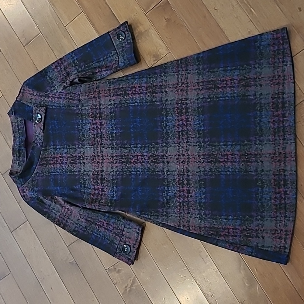 Luc Fontaine 🇨🇦 Gray Black Purple Plaid Gentle Midi Flair Sweater Dress sz 12